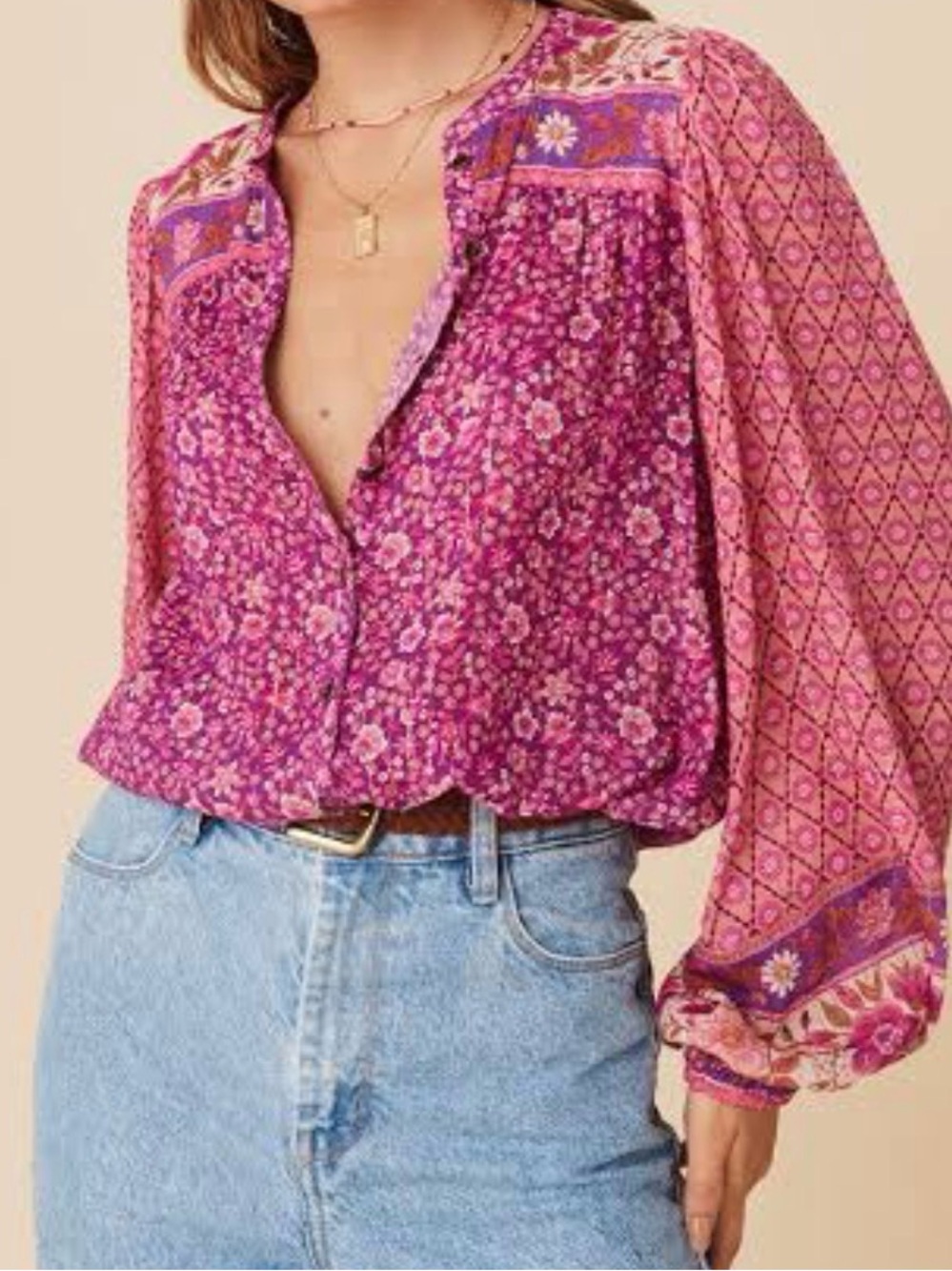Spell Bohemian Floral Button-Front Blouse in Deep Magenta and Peach